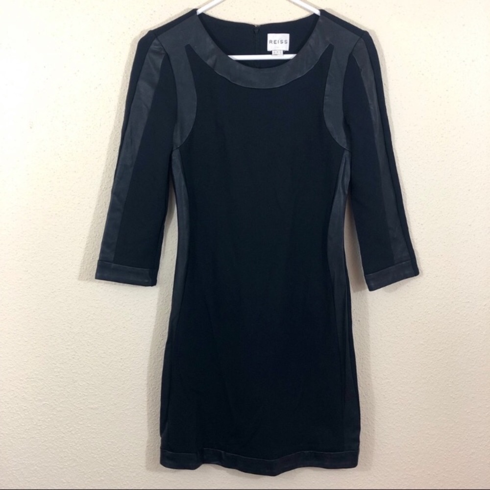 REISS black leather trim stretch sheath dress